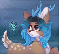 Size: 2500x2300 | Tagged: safe, artist:saltyvity, derpibooru import, oc, butterfly, deer, deer pony, original species, pony, blue background, blue mane, blushing, brown eyes, cute, deer oc, ear fluff, ears, fawn, fluffy, forest, forest background, horns, magic, magic aura, moon, night, non-pony oc, simple background, solo, sparkles, stars, surprised face