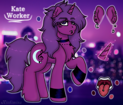 Size: 2400x2048 | Tagged: safe, artist:kichimina, derpibooru import, oc, oc only, oc:kate worker, pony, unicorn, blurry background, chest fluff, choker, closed mouth, collar, colored, cutie mark, digital art, ear piercing, earring, eyebrows, eyelashes, fangs, female, full body, glowing, glowing horn, hooves, horn, jewelry, lip piercing, looking at you, magic, mane, mare, moon, open mouth, piercing, raised hoof, raised leg, reference sheet, signature, solo, sparkles, standing, stars, tail, teeth, tongue, tongue out, tongue piercing, unicorn oc, wristband