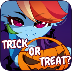 Size: 840x838 | Tagged: safe, artist:shavurrr, derpibooru import, rainbow dash, pony, fangs, halloween, holiday, looking at you, pumpkin, sticker