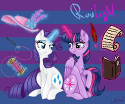 Size: 3000x2500 | Tagged: safe, artist:lostsheep, derpibooru import, rarity, twilight sparkle, twilight sparkle (alicorn), alicorn, pony, unicorn, blushing, book, female, folded wings, hat, lesbian, levitation, looking at each other, looking at someone, magic, needle, quill, rarilight, scroll, shipping, telekinesis, thread, wings