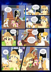 Size: 3259x4607 | Tagged: safe, artist:estories, derpibooru import, discord, fluttershy, oc, oc:alice goldenfeather, oc:fable, oc:golden jewel, draconequus, earth pony, pegasus, pony, comic:nevermore, colt, comic, female, filly, foal, high res, male, mare, speech bubble
