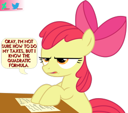 Size: 2000x1760 | Tagged: safe, artist:kuren247, derpibooru import, apple bloom, earth pony, pony, apple bloom is not amused, desk, female, filly, foal, paper, simple background, sitting, solo, speech bubble, taxes, text, transparent background, unamused, vector