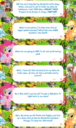 Size: 2048x3438 | Tagged: safe, derpibooru import, idw, applejack, marine sandwich, pinkie pie, earth pony, pony, applejack's hat, clothes, cowboy hat, dialogue, english, event, game screencap, gameloft, hat, idw showified, official, text, toffee truffle