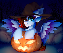 Size: 3500x2981 | Tagged: safe, artist:shinoshai, derpibooru import, oc, oc only, pegasus, pony, commission, halloween, hat, holiday, jack-o-lantern, night, pumpkin, shinoshai, witch hat