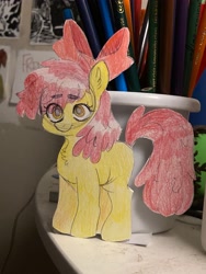 Size: 3024x4032 | Tagged: safe, artist:irlfluttershyy, derpibooru import, apple bloom, earth pony, pony, cutout, female, filly, foal, irl, photo, smiling, solo, traditional art