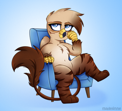 Size: 2500x2276 | Tagged: safe, artist:madelinne, derpibooru import, oc, oc only, oc:ace flashtalon, griffon, commission, griffon oc, male, sitting, sofa, solo