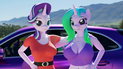 Size: 5760x3240 | Tagged: safe, artist:hunterz263, derpibooru import, starlight glimmer, oc, oc:fiona mahri, anthro, plantigrade anthro, unicorn, 3d, belt, blender, breasts, car, cleavage, clothes, female, female oc, females only, grin, horn, looking at you, midriff, not sfm, outdoors, smiling, unicorn oc