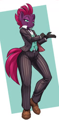 Size: 878x1800 | Tagged: safe, artist:dstears, derpibooru import, tempest shadow, anthro, plantigrade anthro, unicorn, belt, broken horn, clothes, eye scar, facial scar, female, gloves, horn, mare, pinstripes, scar, shoes, simple background, smiling, suit, tail, vest