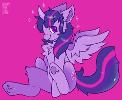 Size: 2048x1689 | Tagged: safe, artist:spookyfoxinc, derpibooru import, twilight sparkle, twilight sparkle (alicorn), alicorn, pony, chest fluff, cute, fluffy, purple background, simple background, smiling, solo, sparkles, wings