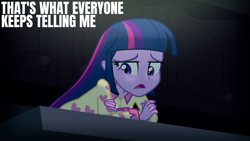 Size: 1280x720 | Tagged: safe, derpibooru import, edit, edited screencap, editor:quoterific, screencap, twilight sparkle, equestria girls, rainbow rocks, solo