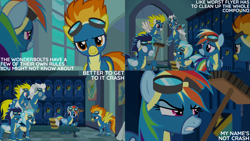 Size: 4400x2475 | Tagged: safe, derpibooru import, edit, edited screencap, editor:quoterific, screencap, misty fly, rainbow dash, silver lining, silver zoom, soarin', spitfire, surprise, newbie dash, clothes, uniform, wonderbolts uniform