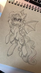 Size: 1152x2048 | Tagged: safe, artist:ezzerie, derpibooru import, oc, oc:snooze, bat pony, curly hair, flying, solo, standing, traditional art