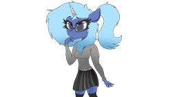 Size: 3840x2160 | Tagged: safe, artist:straighttothepointstudio, derpibooru import, oc, oc:eden amiscythe, anthro, unicorn, anthro oc, clothes, glasses, ponytail, skirt, solo, stockings, sweater, thigh highs