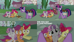 Size: 4403x2475 | Tagged: safe, derpibooru import, edit, edited screencap, editor:quoterific, screencap, apple bloom, scootaloo, sweetie belle, twilight sparkle, unicorn twilight, earth pony, pegasus, pony, unicorn, hearts and hooves day (episode), season 2, cutie mark crusaders