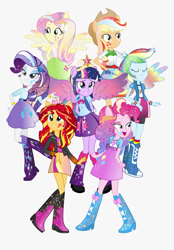 Size: 860x1235 | Tagged: safe, derpibooru import, applejack, fluttershy, pinkie pie, rainbow dash, rarity, sunset shimmer, twilight sparkle, equestria girls, belt, boots, clothes, cowboy boots, cowboy hat, hat, high heel boots, humane five, humane seven, humane six, jacket, ponied up, shirt, shoes, simple background, skirt, socks, tail, transparent background, vest, wings