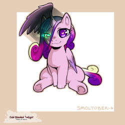 Size: 1200x1200 | Tagged: safe, artist:cold-blooded-twilight, derpibooru import, princess cadance, queen chrysalis, alicorn, changeling, changeling queen, :3, disguise, disguised changeling, fake cadance, female, filly, filly queen chrysalis, foal, glowing, glowing eyes, heart, heart eyes, looking at you, mare, sitting, smiling, spread wings, underhoof, wingding eyes, wings, younger
