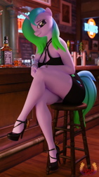 Size: 2160x3840 | Tagged: safe, artist:loveslove, derpibooru import, oc, oc only, oc:fiona mahri, anthro, plantigrade anthro, unicorn, 3d, alcohol, anthro oc, bar, black dress, blurry background, breasts, busty oc, clothes, dress, female, food, gradient mane, gradient tail, high heels, high res, horn, jack daniels, looking at you, looking to side, looking to the left, not izzy moonbow, shoes, sitting, smiling, smiling at you, solo, solo female, tail, tequila, unicorn oc, whiskey