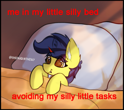 Size: 813x721 | Tagged: safe, artist:shepardinthesky, derpibooru import, oc, oc only, oc:cheeseblood, bed, cute, fangs, lying down, lying on bed, meme, on bed, solo