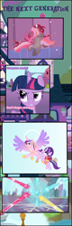Size: 1515x4752 | Tagged: safe, artist:shootingstarsentry, derpibooru import, princess cadance, starlight glimmer, twilight sparkle, twilight sparkle (alicorn), oc, oc:nightingale (shootingstarsentry), oc:star curve, alicorn, pony, unicorn, comic:the next generation, artificial wings, augmented, baby, baby pony, crystal heart, magic, magic wings, offspring, parent:starlight glimmer, parent:sunburst, parents:starburst, wings