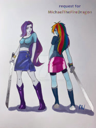 Size: 1280x1707 | Tagged: safe, artist:linds-i, derpibooru import, rainbow dash, rarity, human, equestria girls, duo, duo female, female, looking at each other, looking at someone, simple background, sword, traditional art, weapon, white background