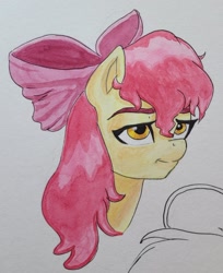 Size: 1738x2133 | Tagged: safe, artist:invalid_david, derpibooru import, apple bloom, earth pony, pony, growing up is hard to do, bust, dishevelled, female, mare, older, older apple bloom, portrait, solo, traditional art