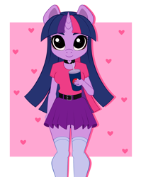 Size: 3076x3857 | Tagged: safe, artist:vetta, derpibooru import, twilight sparkle, unicorn twilight, anthro, unicorn, choker, clothes, female, heart, looking at you, mare, passepartout, pepsi, pleated skirt, skirt, smiling, smiling at you, socks, soda, solo, thigh highs