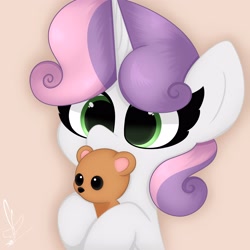 Size: 3000x3000 | Tagged: safe, artist:daftramms, derpibooru import, sweetie belle, pony, unicorn, cute, fanart, high res, plushie, simple background, solo, teddy bear