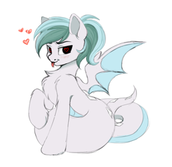 Size: 788x765 | Tagged: safe, artist:vetta, derpibooru import, oc, oc only, bat pony, lamia, original species, pony, blushing, chest fluff, heart, heart eyes, simple background, solo, tongue, tongue out, white background, wingding eyes