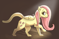 Size: 3000x1962 | Tagged: safe, artist:nyanakaru, derpibooru import, fluttershy, cat, pegasus, catified, chest fluff, closed wing, female, fluffy, fluttercat, folded wings, happy, looking back, mare, pink mane, raised leg, request, requested art, signature, small wings, smiling, solo, species swap, sunlight, winged cat, wings, yellow coat
