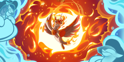 Size: 10000x5000 | Tagged: safe, artist:nording, derpibooru import, daybreaker, alicorn, wendigo, armor, cloud, epic, fire, glowing, glowing eyes, horn, long horn, looking at you, wings