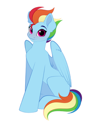 Size: 1886x2559 | Tagged: safe, artist:vetta, derpibooru import, rainbow dash, pegasus, pony, blushing, cute, dashabetes, female, looking at you, mare, older, older rainbow dash, simple background, sitting, smiling, smiling at you, solo, white background