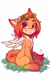 Size: 1367x2048 | Tagged: safe, artist:falafeljake, derpibooru import, oc, oc only, fox, fox pony, hybrid, floral head wreath, flower, looking at you, simple background, solo, white background, wings