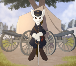 Size: 2000x1750 | Tagged: safe, artist:silverfox057, derpibooru import, oc, oc only, oc:rough seas, earth pony, pony, american civil war, bipedal, cannon, earth pony oc, male, officer, smiling, solo, stallion, sword, tent, weapon