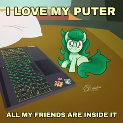 Size: 4096x4096 | Tagged: safe, alternate version, artist:theratedrshimmer, derpibooru import, wallflower blush, earth pony, pony, equestria girls, bed, behaving like a cat, chibi, computer, cute, equestria girls ponified, female, flowerbetes, laptop computer, looking at you, meme, ponified, ponified animal photo, ponified meme, smol, tiny, tiny ponies