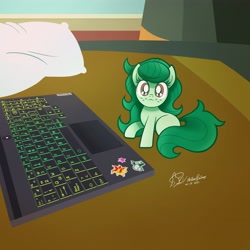 Size: 4096x4096 | Tagged: safe, alternate version, artist:theratedrshimmer, derpibooru import, wallflower blush, earth pony, pony, bed, behaving like a cat, chibi, computer, cute, female, flowerbetes, laptop computer, looking at you, meme, pillow, ponified, ponified animal photo, ponified meme, smol, solo, tiny, tiny ponies