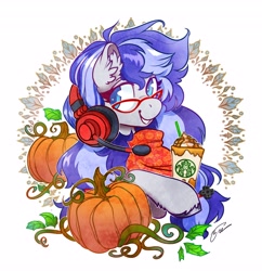 Size: 3968x4096 | Tagged: safe, artist:opalacorn, derpibooru import, oc, oc only, oc:cinnabyte, earth pony, pony, coffee, commission, drink, ear fluff, ears, female, glasses, grin, headphones, headset, hoof hold, latte, leaves, mare, microphone, pumpkin, simple background, smiling, solo, unshorn fetlocks, white background