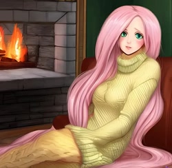 Size: 1024x998 | Tagged: safe, derpibooru import, generator:purplesmart.ai, generator:stable diffusion, machine learning generated, fluttershy, human, clothes, fireplace, humanized, sitting, solo, sweater, sweatershy