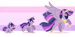 Size: 3533x1756 | Tagged: safe, artist:syrupyyy, derpibooru import, princess twilight 2.0, twilight sparkle, twilight sparkle (alicorn), unicorn twilight, alicorn, pony, unicorn, g4, age progression, blank flank, comparison, crown, cute, female, filly, filly twilight sparkle, foal, high res, jewelry, mare, older, older twilight, ponytober, regalia, sequence, simple background, twiabetes, younger