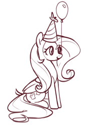Size: 1009x1445 | Tagged: safe, artist:nookprint, derpibooru import, fluttershy, pegasus, pony, balloon, black and white, cute, female, folded wings, grayscale, hat, lineart, mare, monochrome, mouth hold, party hat, shyabetes, simple background, sitting, solo, white background, wings