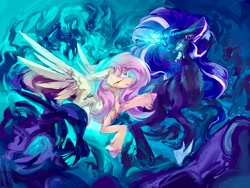 Size: 2224x1668 | Tagged: safe, artist:rugr, derpibooru import, fluttershy, nightmare rarity, rarity, pegasus, pony, unicorn, blood, blurry, bubble, chest fluff, crown, digital art, fangs, feather, female, flarity, flowing mane, glow, glowing horn, hoof shoes, horn, image, jewelry, lesbian, long horn, looking at each other, magic, mare, pink mane, purple mane, regalia, shadow creature, shipping, spread wings, swimming, teeth, underwater, unshorn fetlocks, water, wings