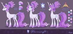 Size: 2750x1265 | Tagged: safe, artist:heilos, derpibooru import, oc, oc:harmony (heilos), classical unicorn, pony, unicorn, big crown thingy, cloven hooves, color palette, crown, crystal, cutie mark, element of generosity, element of honesty, element of kindness, element of laughter, element of loyalty, element of magic, elements of harmony, female, flower, flower in hair, jewelry, leonine tail, mare, ponified, reference sheet, regalia, smiling, tail, tree of harmony, unshorn fetlocks