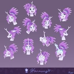 Size: 2100x2100 | Tagged: safe, artist:heilos, derpibooru import, oc, oc only, oc:harmony (heilos), pony, crying, crystal, expressions, facial expressions, female, flower, flower in hair, magic, mare, ponified, reference sheet, smiling, tree of harmony