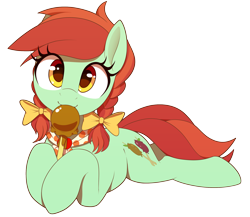 Size: 2300x2000 | Tagged: safe, artist:thebatfang, derpibooru import, candy apples, earth pony, pony, apple, apple family member, bow, braid, candy apple (food), cute, female, food, hair bow, looking at you, lying down, mare, pigtails, prone, simple background, solo, transparent background