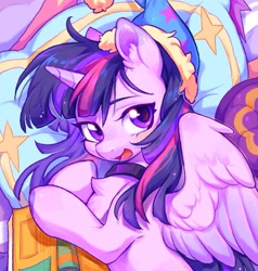 Size: 1195x1255 | Tagged: safe, artist:千雲九枭, derpibooru import, twilight sparkle, twilight sparkle (alicorn), alicorn, pony, bed, book, chest fluff, choker, cute, ear fluff, ears, female, hat, mare, nightcap, open mouth, pillow, solo, twiabetes, wings