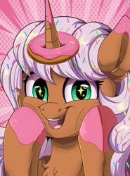 Size: 2964x4000 | Tagged: safe, artist:joaothejohn, derpibooru import, oc, oc only, oc:donut daydream, pony, unicorn, candy, cheek squish, cute, donut, food, horn, horn impalement, looking at you, smiling, solo, squishy cheeks, unicorn oc