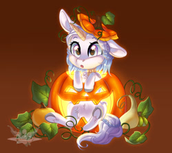 Size: 1920x1712 | Tagged: safe, artist:doekitty, derpibooru import, oc, oc:opalescent, pony, unicorn, chibi, female, halloween, holiday, jack-o-lantern, mare, pumpkin, solo