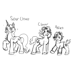 Size: 640x512 | Tagged: safe, artist:kokorokinda, derpibooru import, oc, oc only, oc:astro, oc:clove, oc:sour clout, earth pony, unicorn, clothes, earth pony oc, horn, reddit, simple background, sketch, sweater, trio, unicorn oc, unshorn fetlocks, white background