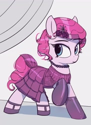 Size: 3000x4124 | Tagged: safe, artist:vultraz, derpibooru import, ponerpics import, pinkie pie, earth pony, pony, abstract background, alternate hairstyle, clothes, dress, female, flapper, gloves, jewelry, mare, necklace, pearl necklace, pinktober, raised hoof, raised leg, shoes, smiling, solo