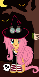 Size: 1080x2134 | Tagged: safe, artist:flutteryaylove, derpibooru import, fluttershy, pony, drawing, fangs, hat, mlp fim's twelfth anniversary, night, nightmare night, skull, smiling, tree, witch, witch hat