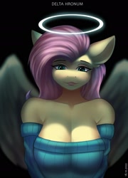 Size: 1750x2430 | Tagged: safe, artist:delta hronum, derpibooru import, fluttershy, angel, anthro, pegasus, big breasts, breasts, cleavage, clothes, female, halo, hootershy, lips, looking at you, mare, off shoulder, off shoulder sweater, solo, sweater, sweatershy